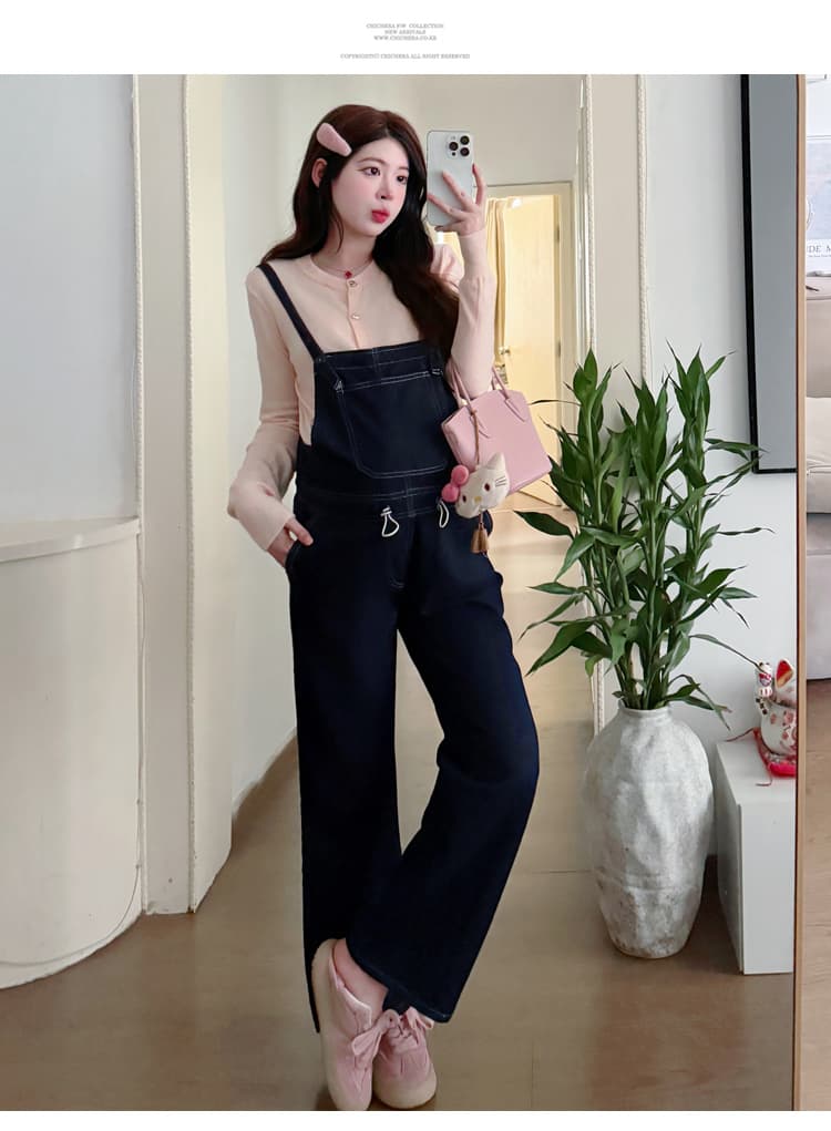실사 2026 봄 새로운 임산부 허리 수 있습니다. 조정 멜빵 바지 니트 단색 기본 셔츠 세트 상세 이미지 13