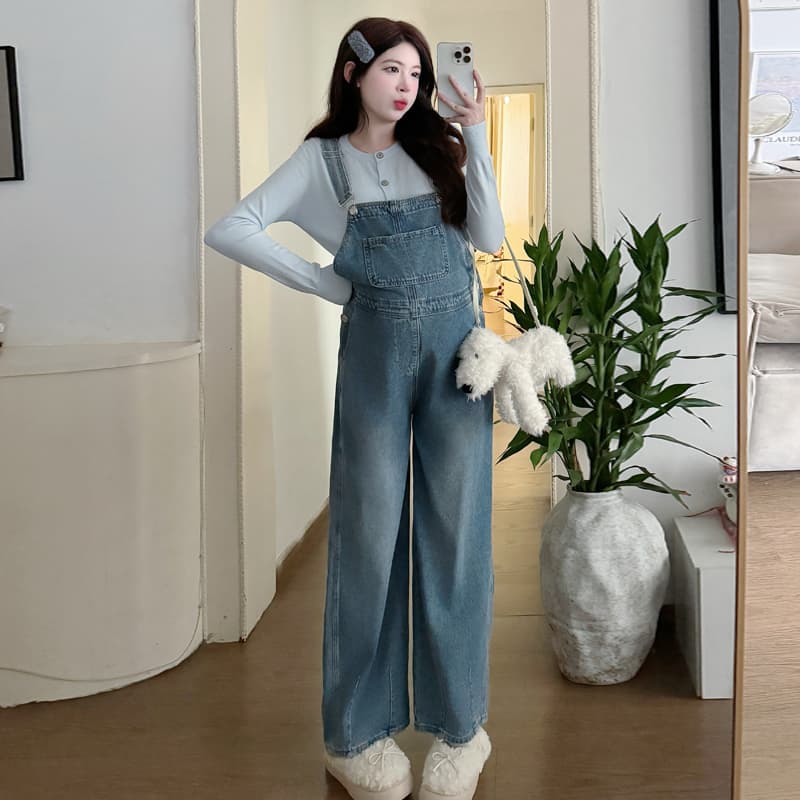 실사 2026 봄 새로운 루즈핏 연령 감소 임산부 멜빵 바지 작은 곰 니트 단색 기본 셔츠 세트 이미지 4
