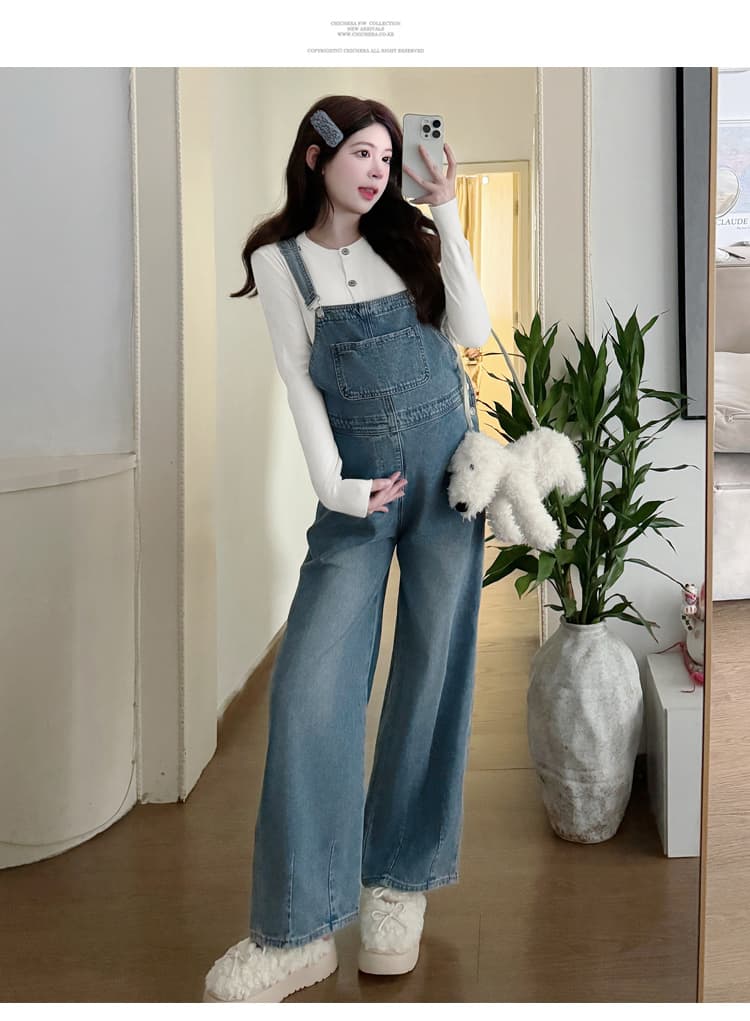 실사 2026 봄 새로운 루즈핏 연령 감소 임산부 멜빵 바지 작은 곰 니트 단색 기본 셔츠 세트 상세 이미지 16