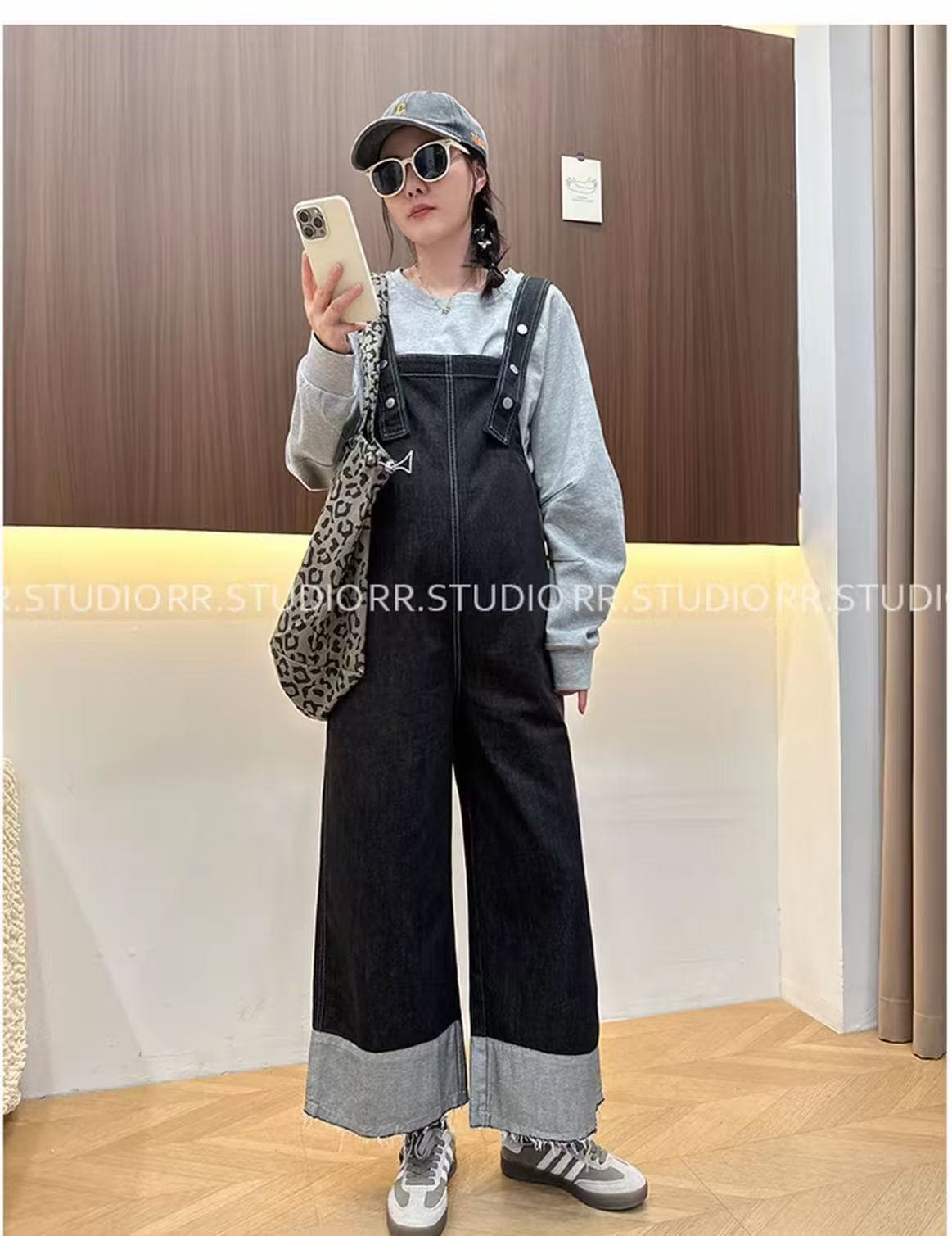 2025 임산부 가을 의상 데님 멜빵 바지 패션 루즈핏 연령 감소 대 넓은 다리 임산부 멜빵 바지 상세 이미지 3