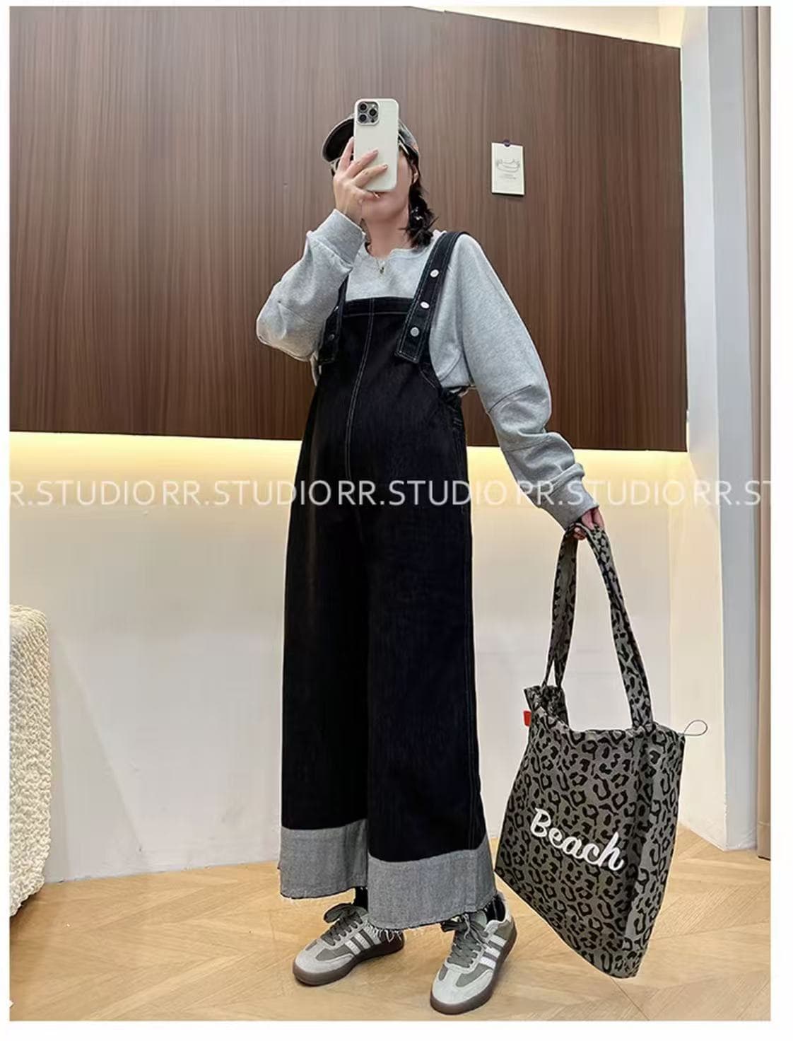 2025 임산부 가을 의상 데님 멜빵 바지 패션 루즈핏 연령 감소 대 넓은 다리 임산부 멜빵 바지 상세 이미지 5