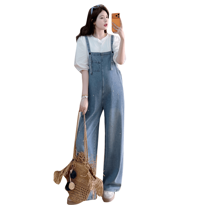 선물 물품 실사 여름 드레스 초박형 원단 슬림해 보이는 핫픽스 데님 임산부 멜빵 바지 벌룬 소매 맨위 투피스 세트 이미지 5