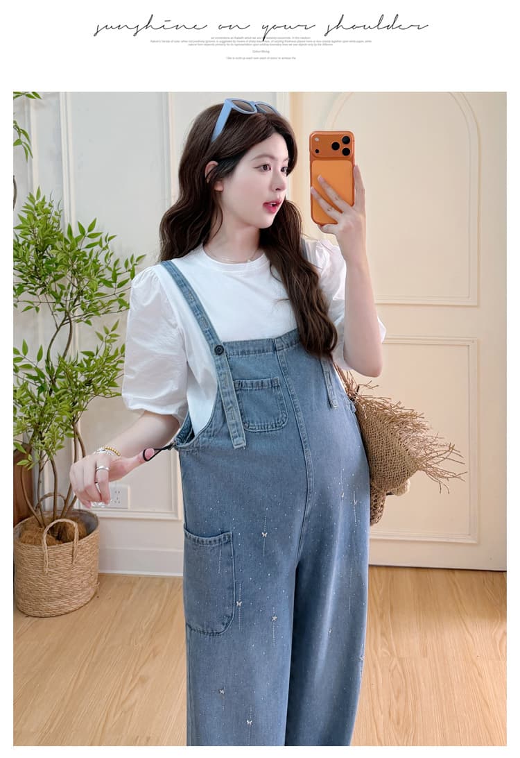 선물 물품 실사 여름 드레스 초박형 원단 슬림해 보이는 핫픽스 데님 임산부 멜빵 바지 벌룬 소매 맨위 투피스 세트 상세 이미지 19