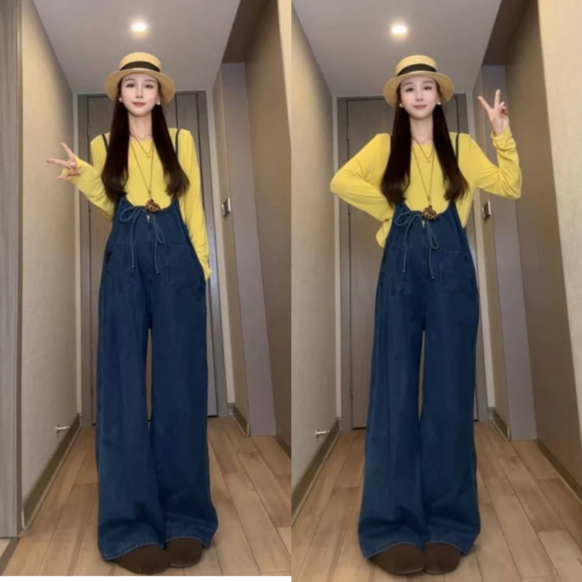 출산 착용 새로운 멜빵 바지 전후 둘 착용 패션 넓은 다리 청바지 패션 황색 긴팔 맨위 세트 이미지 2