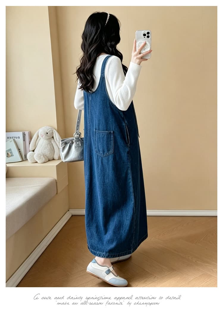 선물 물품 실사 2026 가을 출산 착용 새로운 소녀 센스 루즈핏 슬림해 보이는 데님 멜빵 스커트 품격 투피스 세트 상세 이미지 11