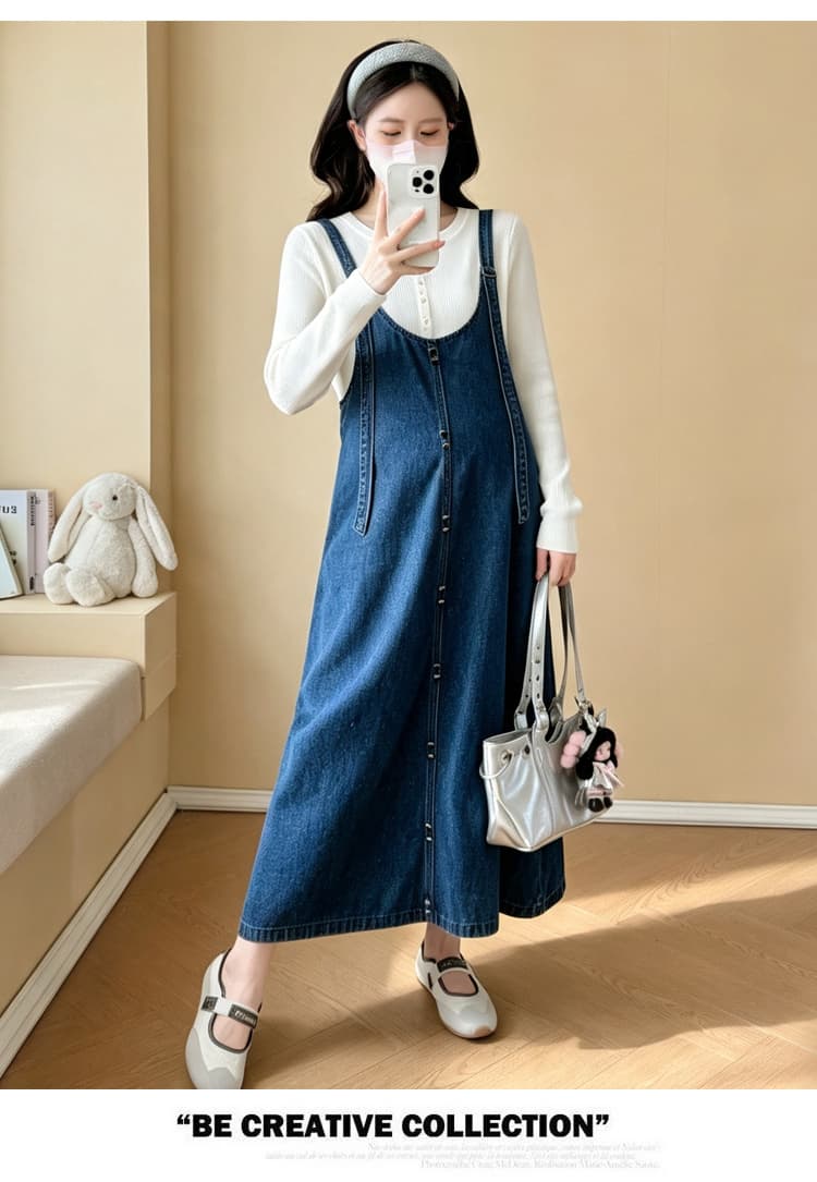 선물 물품 실사 2026 가을 출산 착용 새로운 소녀 센스 루즈핏 슬림해 보이는 데님 멜빵 스커트 품격 투피스 세트 상세 이미지 13