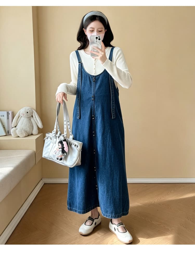 선물 물품 실사 2026 가을 출산 착용 새로운 소녀 센스 루즈핏 슬림해 보이는 데님 멜빵 스커트 품격 투피스 세트 상세 이미지 22