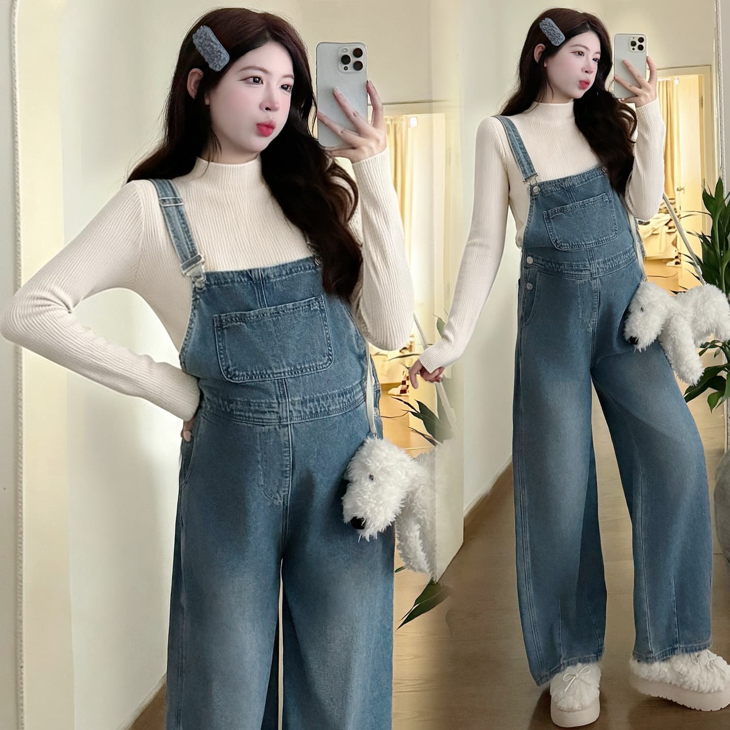 선물 물품 실사 2026 가을 출산 착용 새로운 소녀 센스 루즈핏 슬림해 보이는 데님 멜빵 바지 품격 투피스 세트 이미지 4
