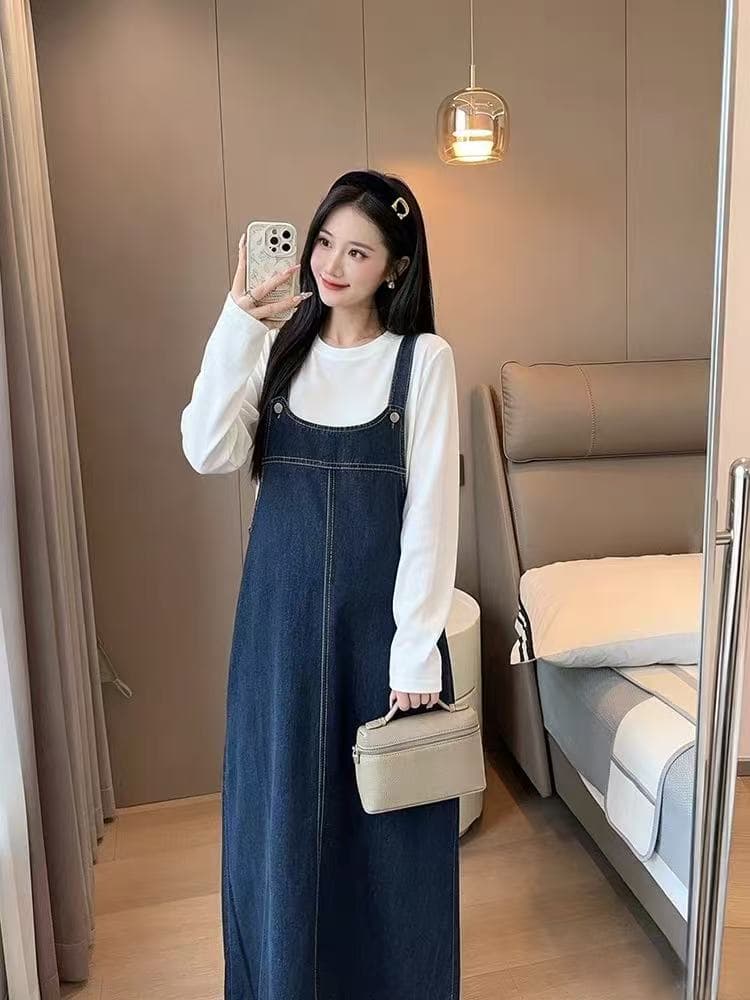 선물 물품 가을 한국 스타일 출산 착용 새로운 소녀 센스 루즈핏 슬림해 보이는 데님 멜빵 스커트 품격 투피스 세트 이미지 4