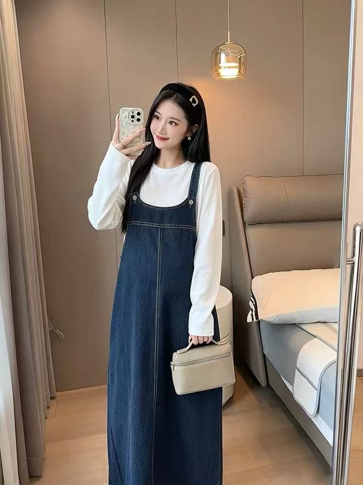 선물 물품 가을 한국 스타일 출산 착용 새로운 소녀 센스 루즈핏 슬림해 보이는 데님 멜빵 스커트 품격 투피스 세트 상세 이미지 6