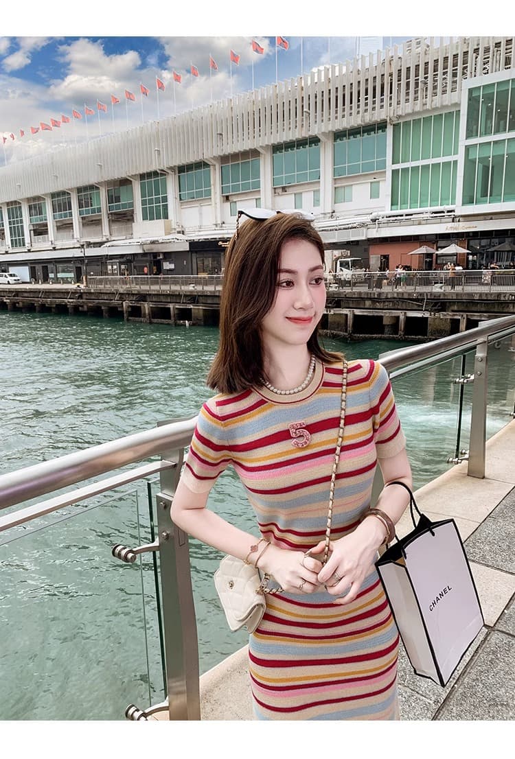 물고기 토끼 ~ 중 토끼 작은 샤넬 스타일 무지개 스트라이프 얼음 실크 드레스 품격 고급 센스 숙녀 학원 스타일 미니 스커트 상세 이미지 7