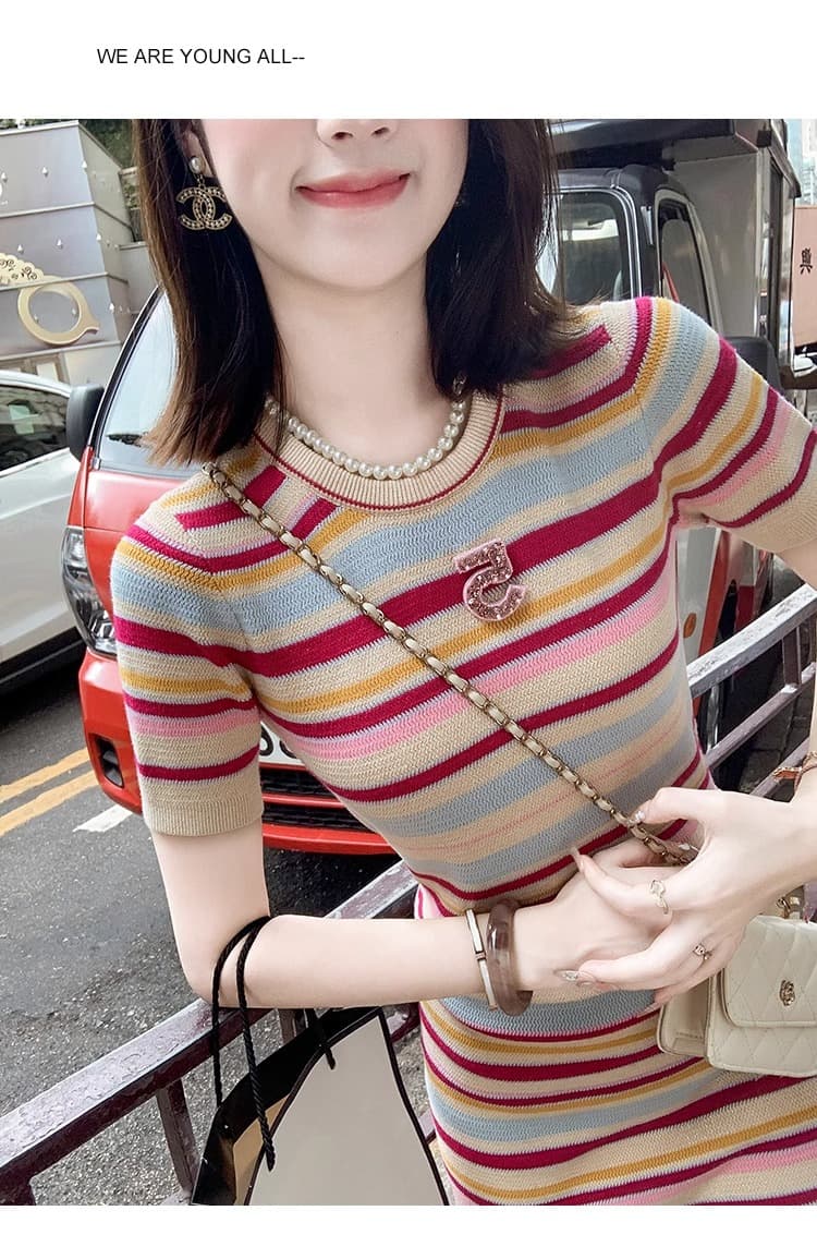 물고기 토끼 ~ 중 토끼 작은 샤넬 스타일 무지개 스트라이프 얼음 실크 드레스 품격 고급 센스 숙녀 학원 스타일 미니 스커트 상세 이미지 18