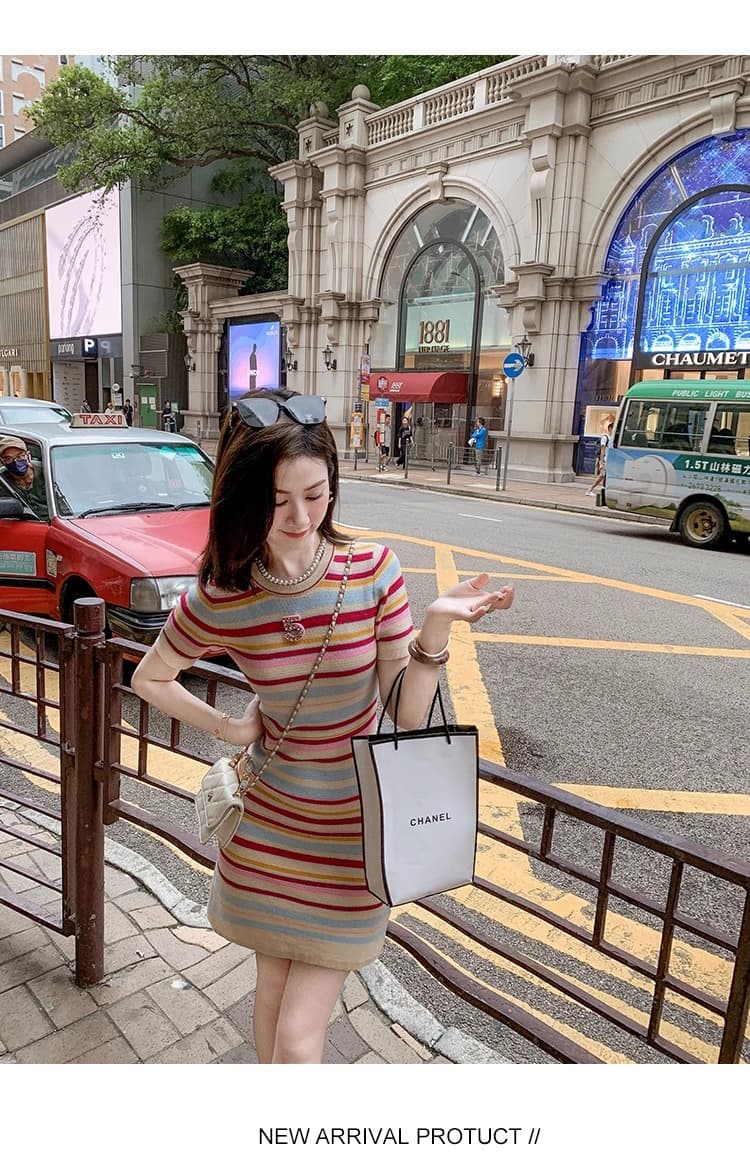 물고기 토끼 ~ 중 토끼 작은 샤넬 스타일 무지개 스트라이프 얼음 실크 드레스 품격 고급 센스 숙녀 학원 스타일 미니 스커트 상세 이미지 21