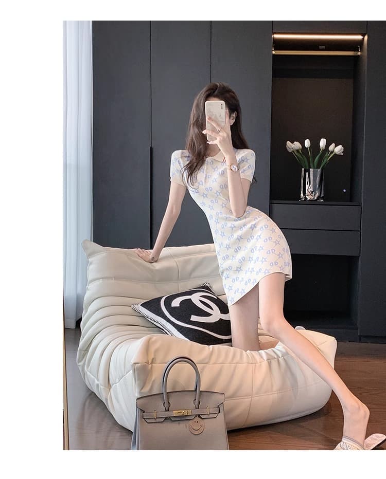 한국 품격 polo 폴로 칼라 부드러운 숙녀 학원 작은 샤넬 스타일 얼음 실크 드레스 프랑스식 패션 캐주얼 ol 치마 상세 이미지 16