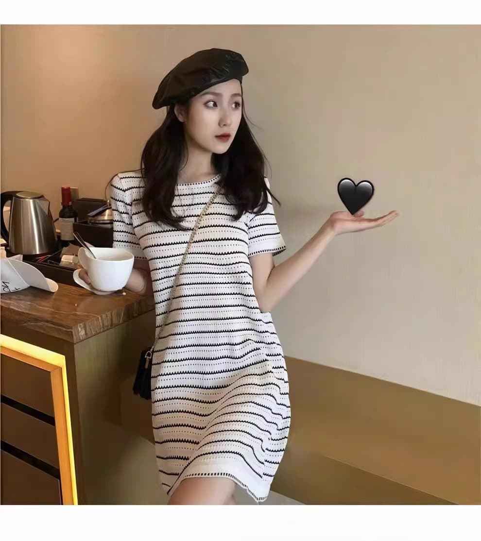 한국 품격 숙녀 학원 작은 샤넬 스타일 스트라이프 얼음 실크 니트 드레스 루즈핏 표지 배 롱 코트 티셔츠 치마 상세 이미지 10