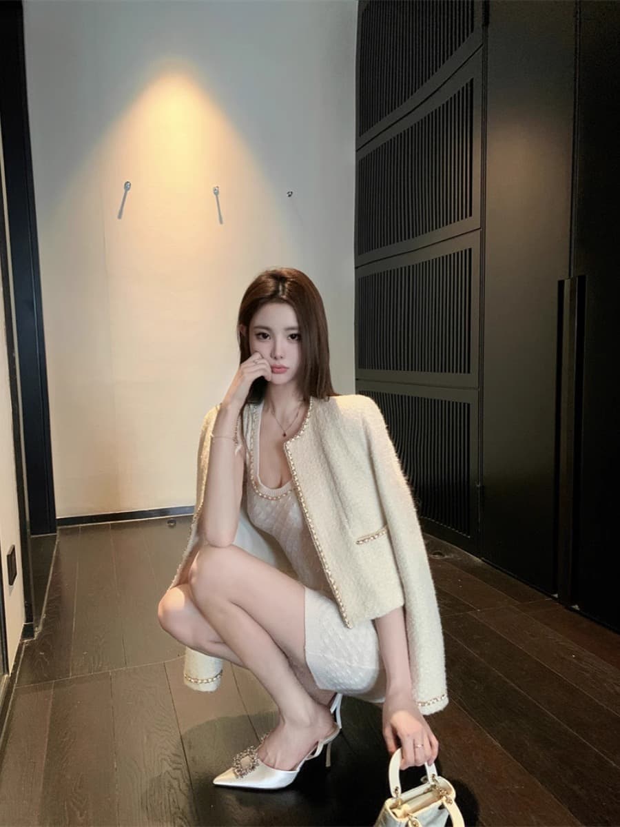 한국 품격 작은 샤넬 스타일 얼음 실크 조끼 여성 드레스 여름 작은 키 심장 기계 슬립 u 칼라 ol 타이트 스커트 미니 스커트 이미지 3