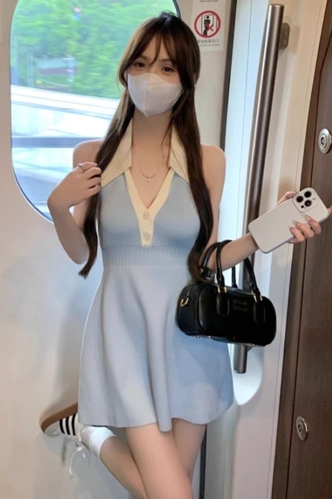 순수한 욕망 바람 섹시함 달콤한 핫걸 POLO 칼라 민소매 행침 목 드레스 운동 바람 작은 키 허리 수축 파란색 우산 치마 이미지 7