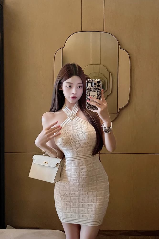 아름다움 대양 meiyangluna 루 Na 오프숄더 행침 목 니트 드레스 몸매 가꾸기 섹시함 타이트 스커트 인사이드 가져 가라. 기본 스커트 이미지 7