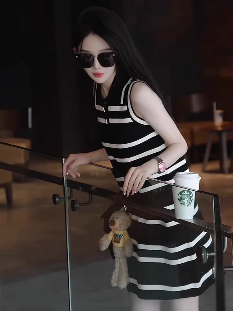 한국 품격 민소매 스트라이프 얼음 실크 드레스 프랑스식 작은 키 polo 폴로 칼라 슬림해 보이는 연령 감소 타이트 스커트 미니 스커트 상세 이미지 5