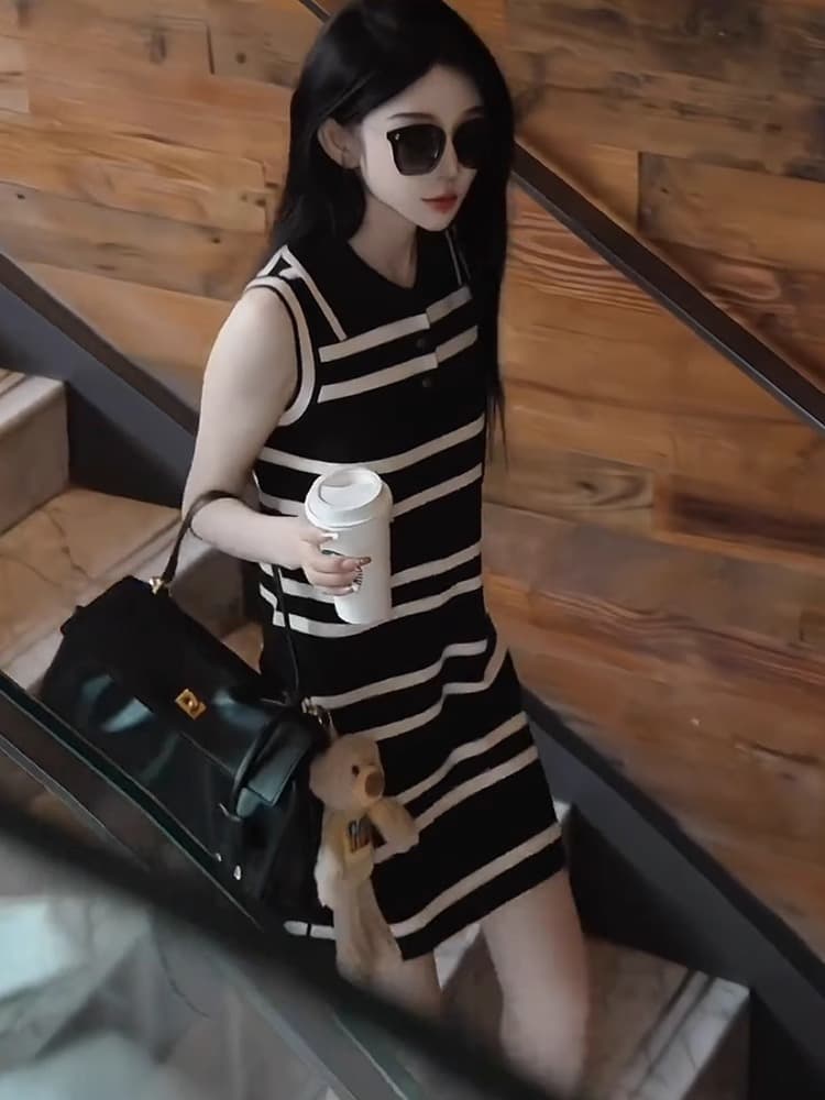 한국 품격 민소매 스트라이프 얼음 실크 드레스 프랑스식 작은 키 polo 폴로 칼라 슬림해 보이는 연령 감소 타이트 스커트 미니 스커트 상세 이미지 6