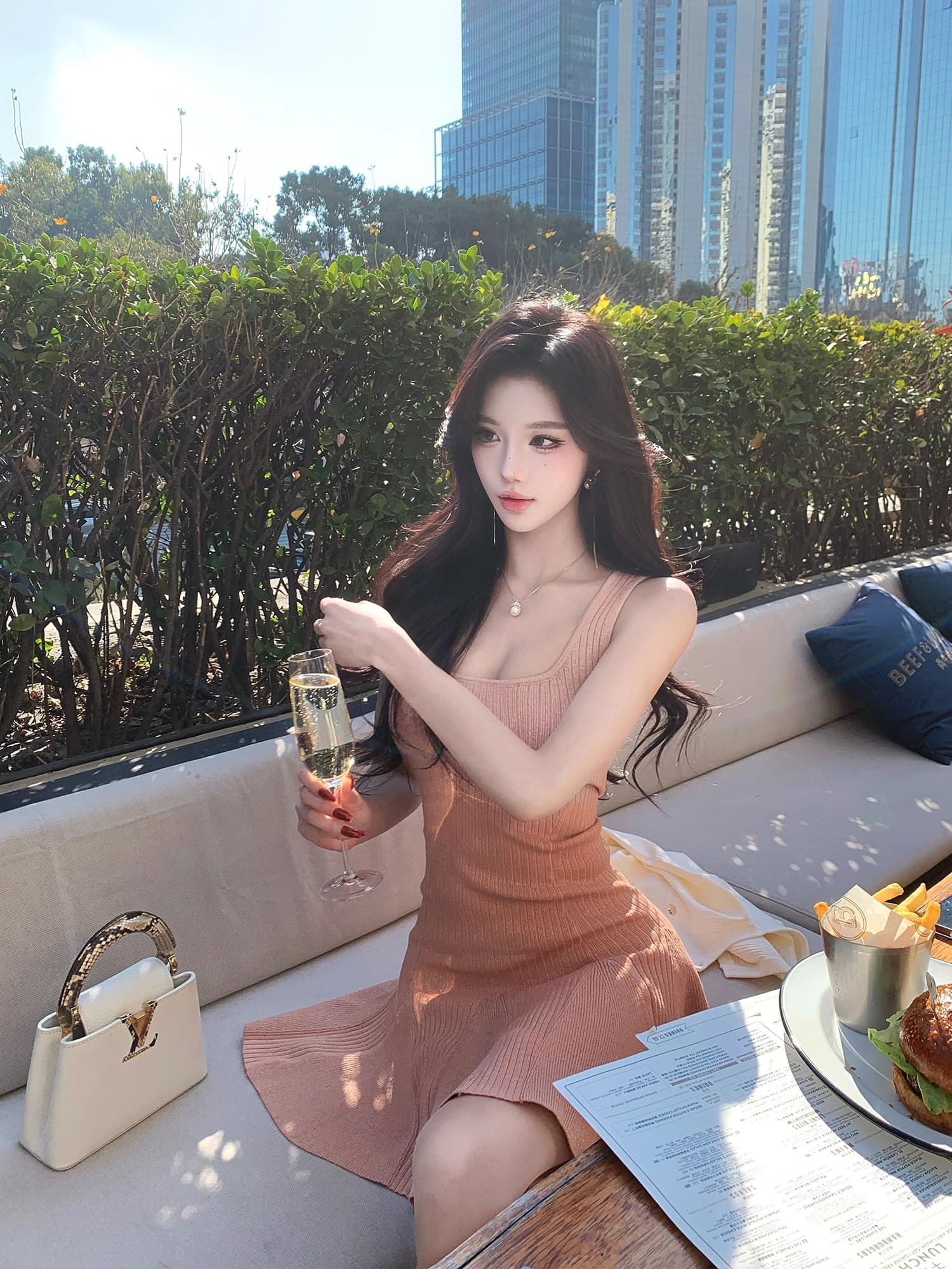 한국 dfay 복숭아 장미 골드 몸매 가꾸기 신축성 얼음 실크 광장 칼라 여성 드레스 여름 작은 키 심장 기계 핫걸 이미지 3