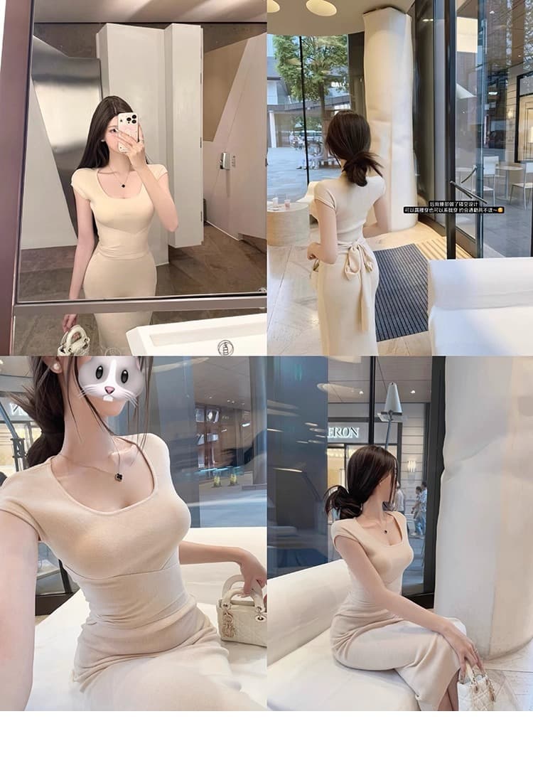 cczee 원더풀 커브 순수한 욕망 부드러운 바람 몸매 가꾸기 허리 수축 슬림해 보이는 타이트 스커트 대 u 칼라 반팔 스트랩 드레스 이미지 2