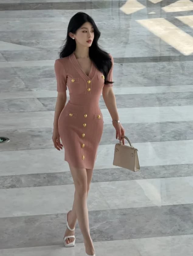 로얄 자매 바람 고급 센스 작은 샤넬 스타일 얼음 실크 드레스 쇼트플레이 천 골드 착용 가져 가라. 나이트 클럽 바람 타이트 V넥 타이트 스커트 상세 이미지 4