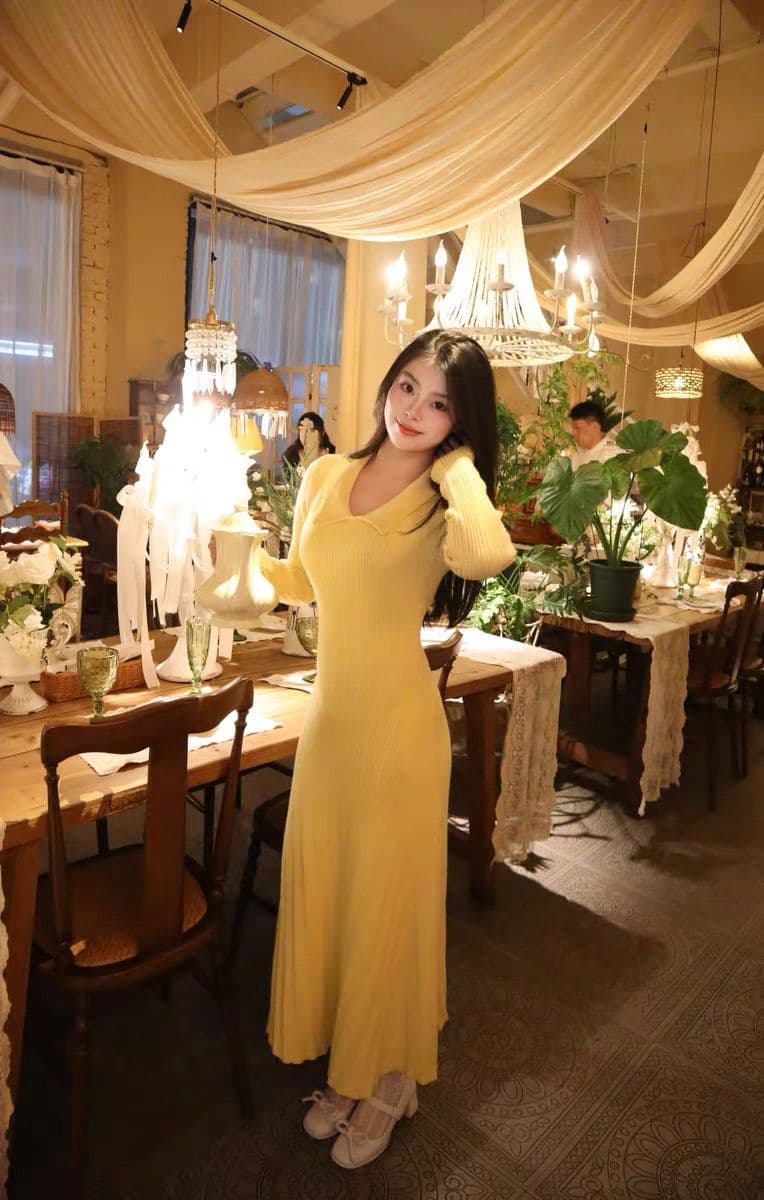 한국 품격 명문 여성 홍콩 스타일 레트로 작은 샤넬 스타일 polo 폴로 칼라 황색 니트 스웨터 드레스 가을 겨울 롱 스커트 상세 이미지 12