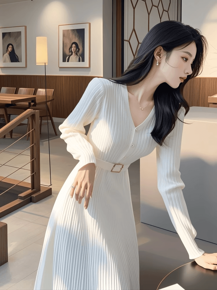 한국 2026 년 새로운 정식 경우 출퇴근 품격 여신 팬 V넥 니트 스웨터 드레스 요정 치마 상세 이미지 5