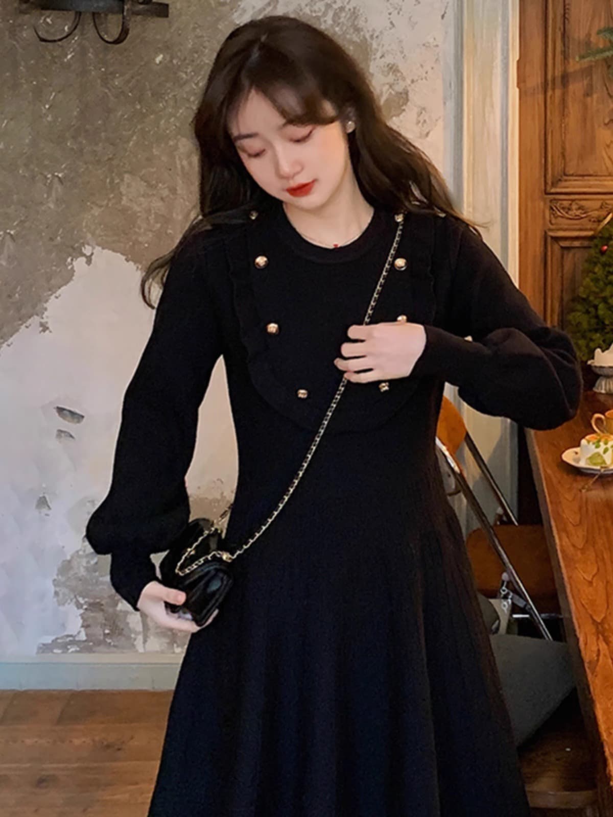 한국 품격 홍콩 스타일 숙녀 니트 스웨터 드레스 가을 겨울 그는 벤 바람 작은 검은 드레스 작은 키 퍼프 우산 치마 이미지 3