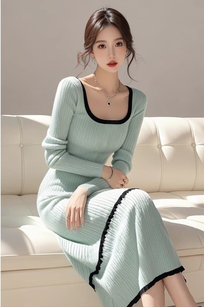 경기 코트 인사이드 가져 가라. 롱 코트 만나는 스웨터 드레스 허리 수축 슬림해 보이는 품격 긴팔 광장 칼라 니트 여성 드레스 가을 겨울 이미지 7