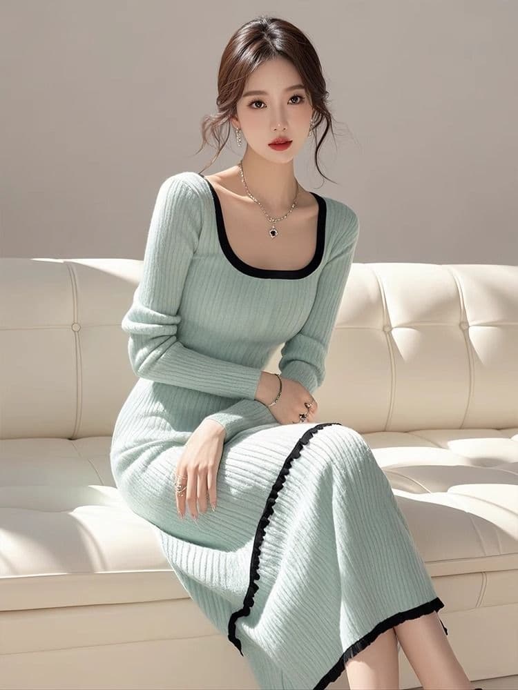 경기 코트 인사이드 가져 가라. 롱 코트 만나는 스웨터 드레스 허리 수축 슬림해 보이는 품격 긴팔 광장 칼라 니트 여성 드레스 가을 겨울 상세 이미지 1
