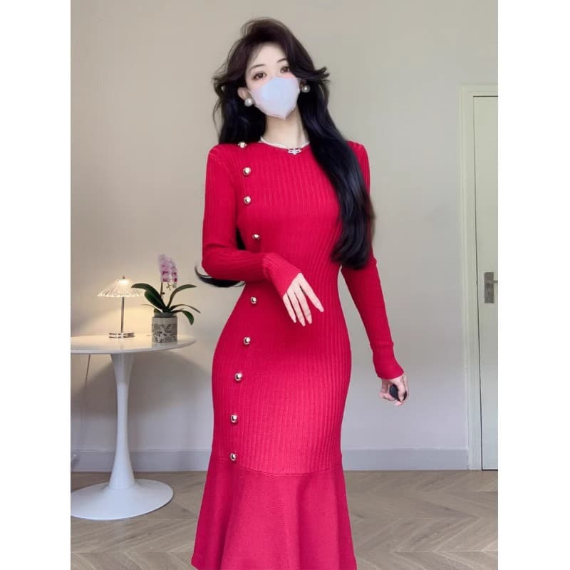 한국 빛 럭셔리 고급 관대 한 점잖은 고유 한 아름다운 꼬집기 허리 홍콩 스타일 부드러운 바람 니트 스웨터 인어 꼬리 드레스 이미지 5