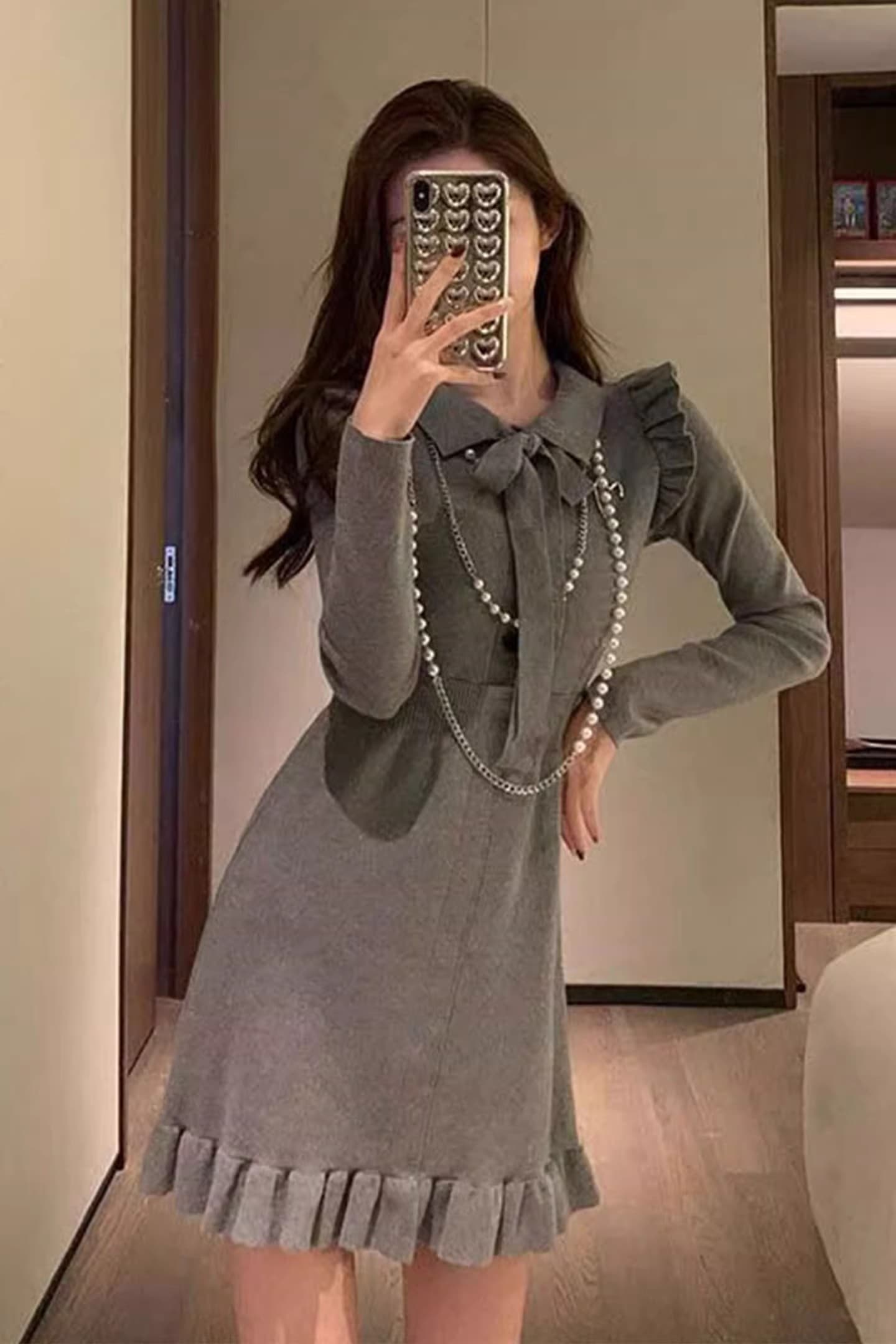 한국 품격 부드러운 숙녀 홍콩 스타일 작은 샤넬 스타일 레이스업 스트랩 나비 매듭 POLO 칼라 니트 스웨터 드레스 상세 이미지 5