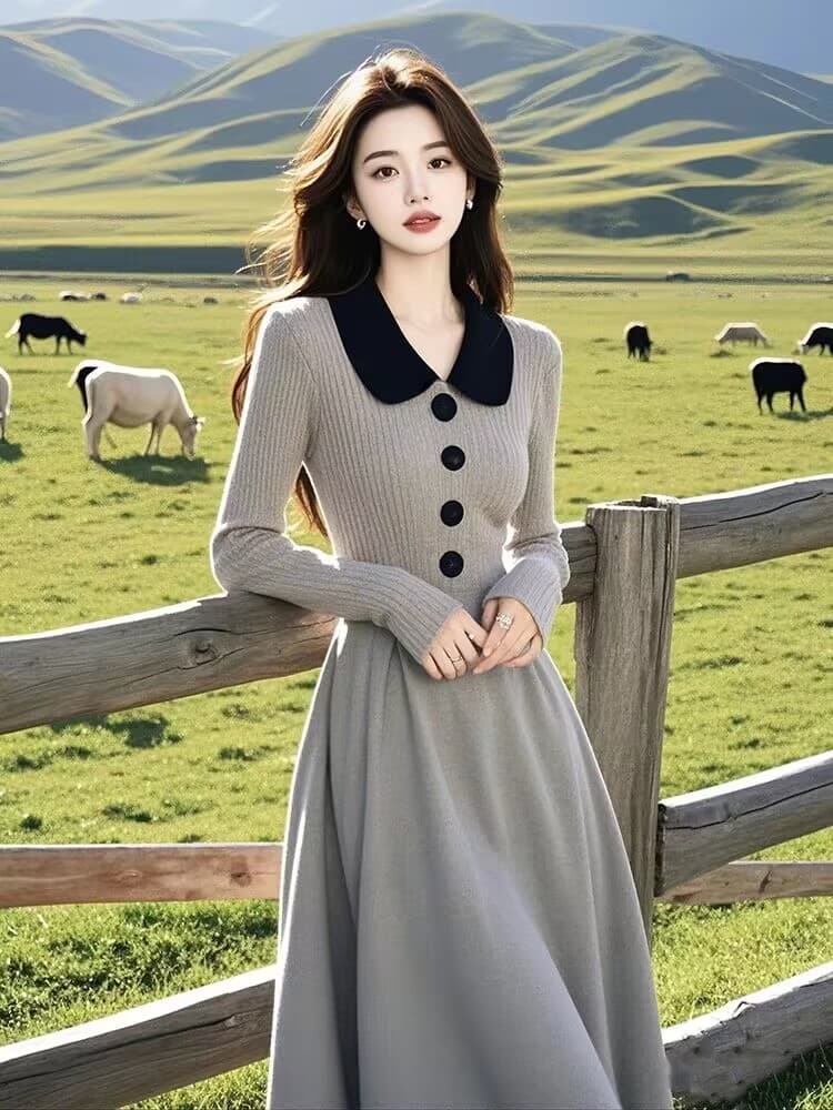 한국 품격 고급 홍콩 스타일 레트로 polo 폴로 칼라 니트 스웨터 드레스 명문 여성 샤오 양 로드 중 무릎 아래 롱 스커트 상세 이미지 6