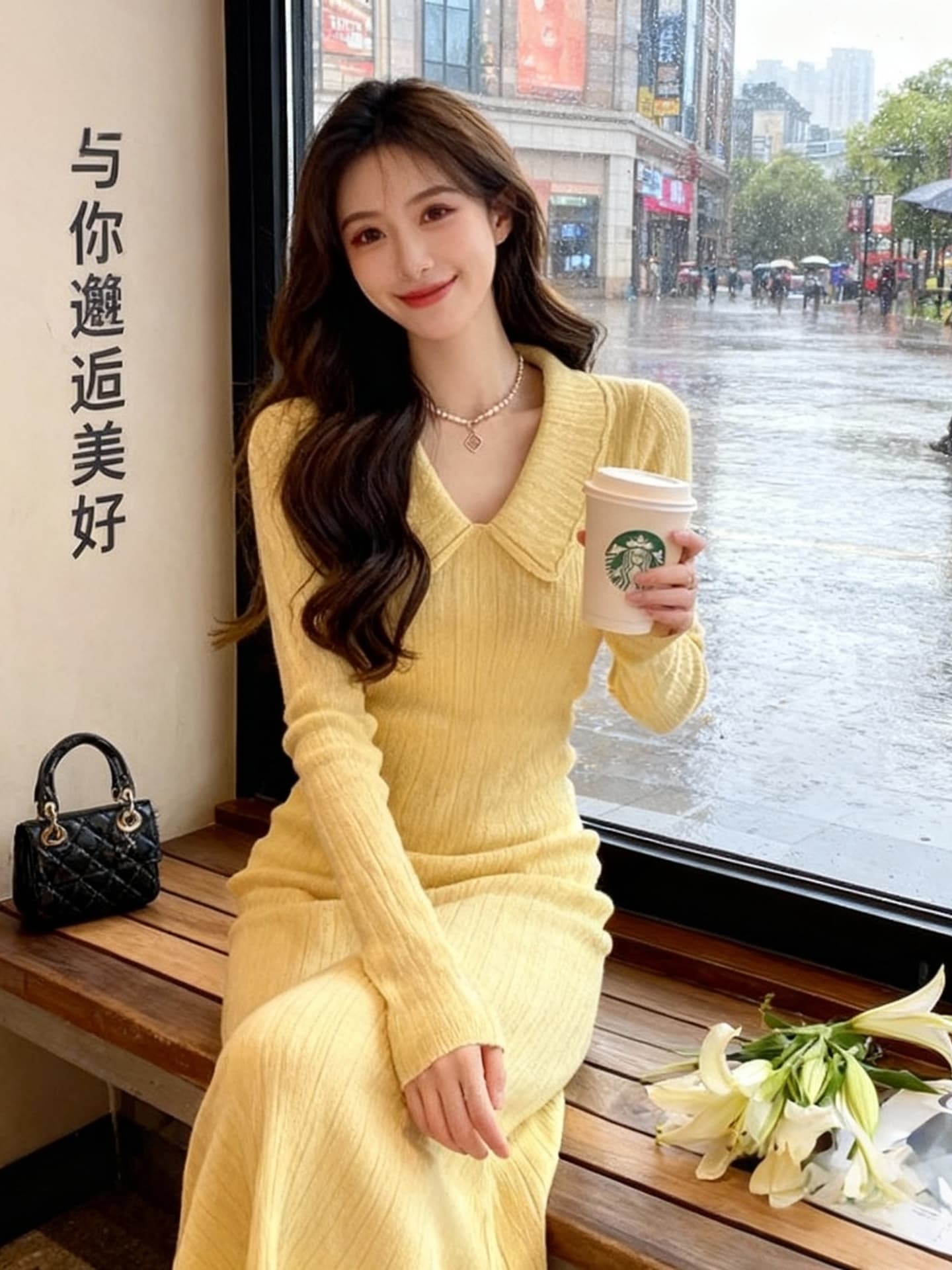 한국 품격 명문 여성 홍콩 스타일 레트로 작은 샤넬 스타일 polo 폴로 칼라 황색 니트 스웨터 드레스 가을 겨울 롱 스커트 이미지 3