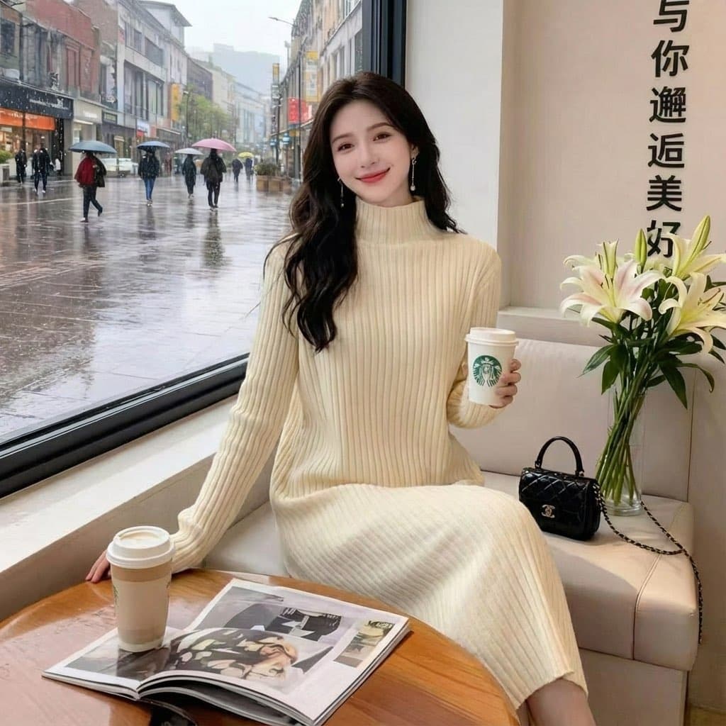 한국 가을 겨울철 터틀넥 니트 스웨터 드레스 달콤함 출퇴근 품격 슬림해 보이는 인사이드 가져 가라. 만나는 무릎 아래 롱 스커트 이미지 3
