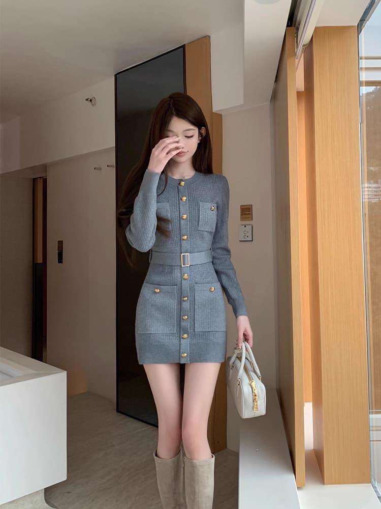 한국 품격 명문 여성 홍콩 스타일 레트로 천 골드 학원 작은 샤넬 스타일 레이스업 착용 가져 가라. 니트 스웨터 드레스 가을 겨울 이미지 3