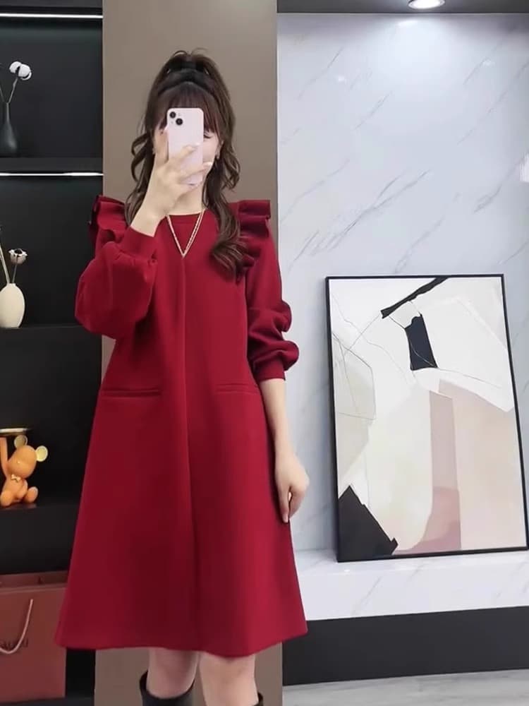 한국 캐주얼 패션 루즈핏 표지 배 홍콩 스타일 레트로 작은 샤넬 스타일 빅 사이즈 통통한 여동생 니트 스웨터 드레스 이미지 3