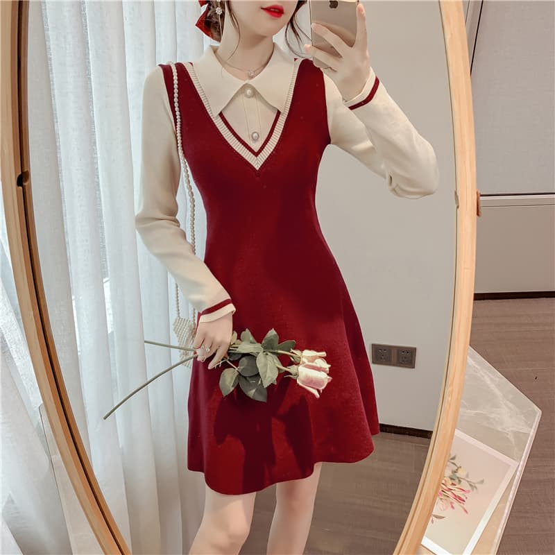 한국 셔츠 칼라 페이크 레이어드 빨간색 니트 여성 드레스 가을 겨울 인사이드 가져 가라. 기본 스커트 외국 가스 패치워크 스웨터 드레스 이미지 2