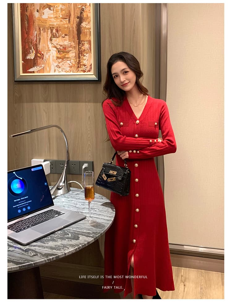 한국 품격 명문 여성 홍콩 스타일 부드러운 천 골드 소녀 센스 작은 샤넬 스타일 싱글 줄 버튼 오픈 가디건 니트 스웨터 드레스 상세 이미지 12
