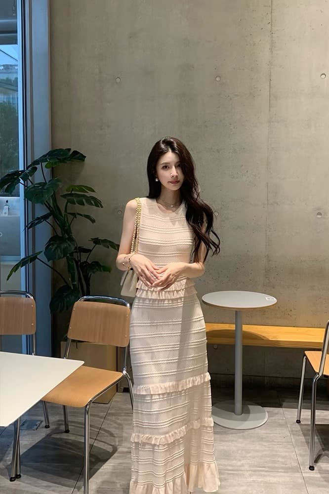 한국 무거운 작업 천 금빛 바람 프릴 패치워크 얼음 실크 니트 여성 드레스 여름 작은 샤넬 스타일 ol 롱 코트 롱 스커트 이미지 7