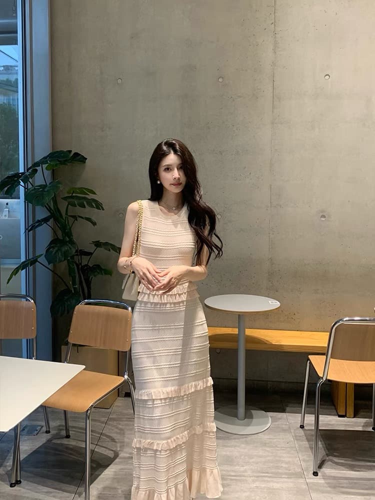 한국 무거운 작업 천 금빛 바람 프릴 패치워크 얼음 실크 니트 여성 드레스 여름 작은 샤넬 스타일 ol 롱 코트 롱 스커트 상세 이미지 3