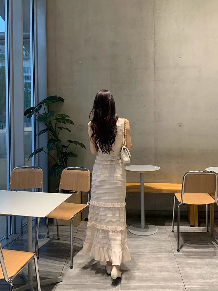 한국 무거운 작업 천 금빛 바람 프릴 패치워크 얼음 실크 니트 여성 드레스 여름 작은 샤넬 스타일 ol 롱 코트 롱 스커트 상세 이미지 4