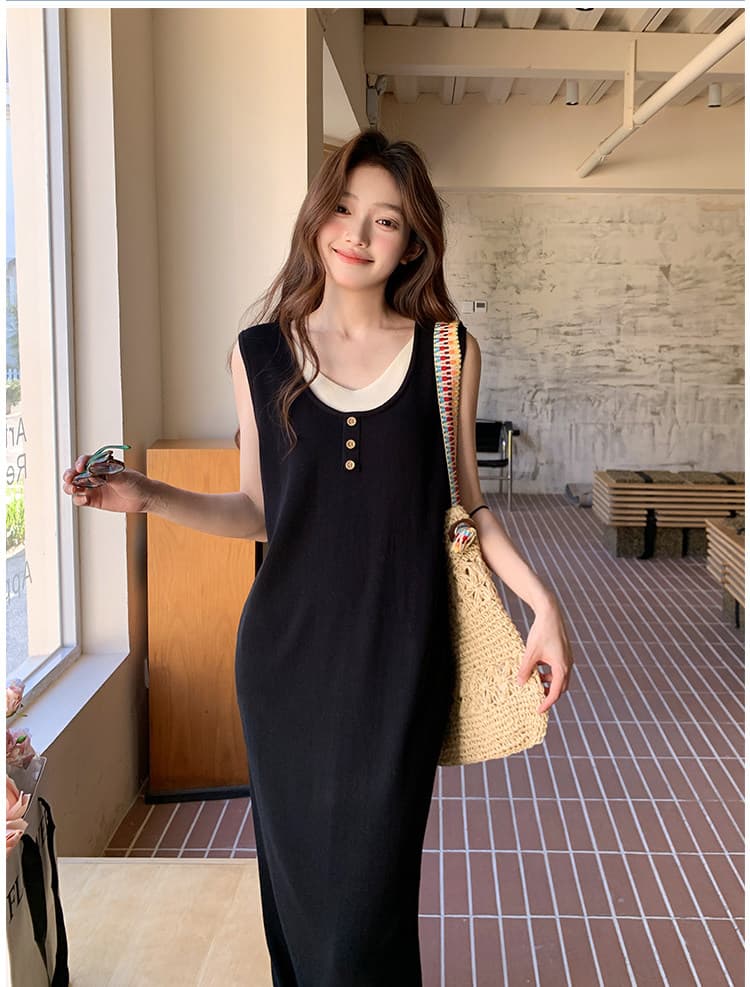 한국 배색 패치워크 페이크 레이어드 민소매 조끼 얼음 실크 드레스 루즈핏 단순한 관대 한 캐주얼 착용 가져 가라. 롱 스커트 상세 이미지 10