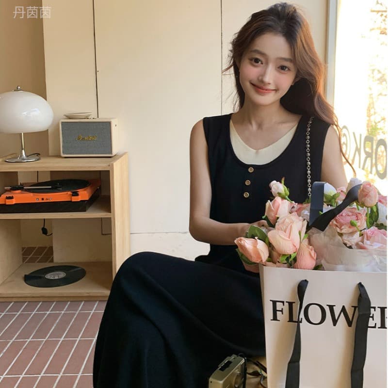 한국 배색 패치워크 페이크 레이어드 민소매 조끼 얼음 실크 드레스 루즈핏 단순한 관대 한 캐주얼 착용 가져 가라. 롱 스커트 이미지 6
