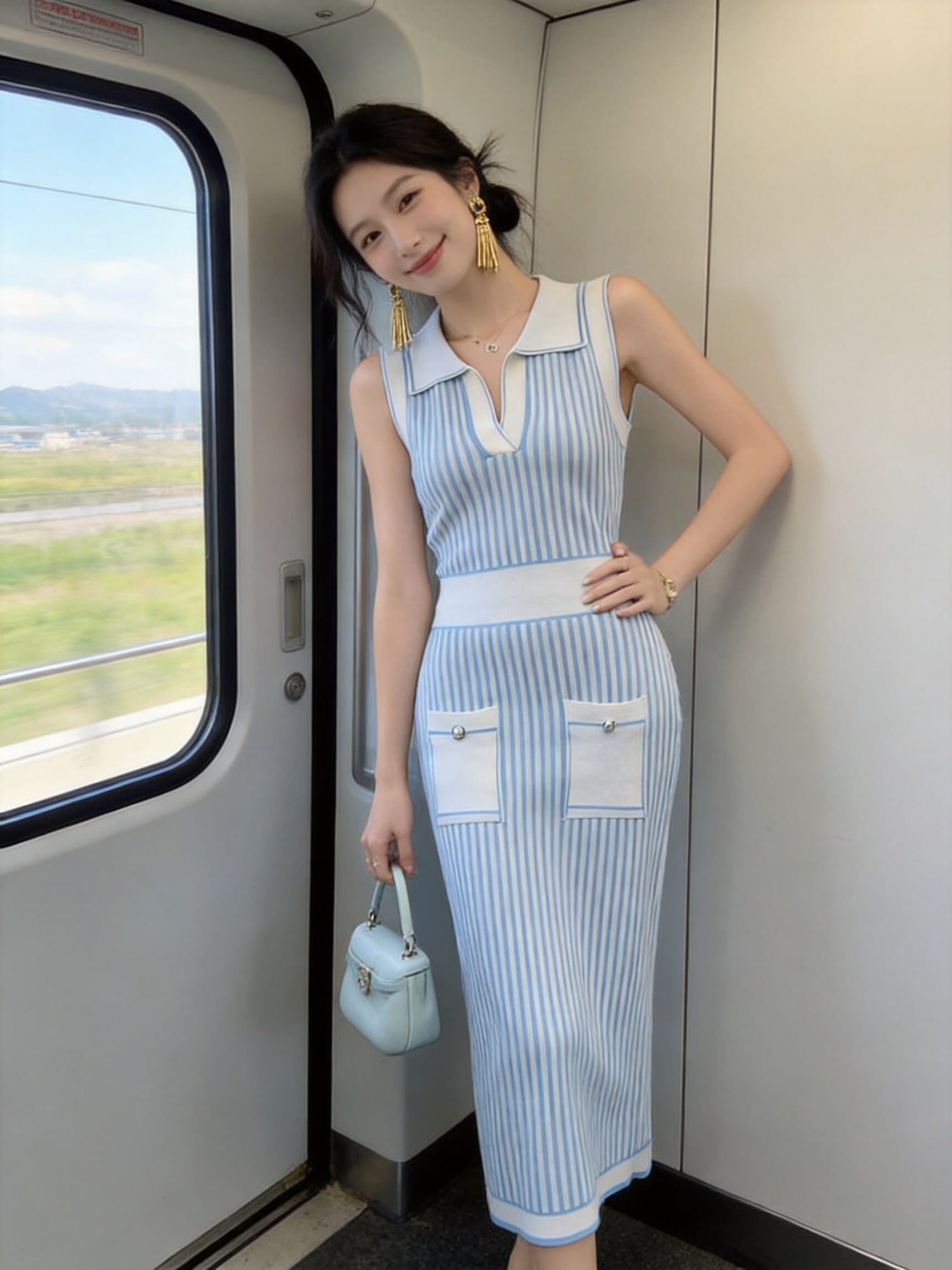 한국 학원 작은 샤넬 스타일 블루 화이트 스트라이프 민소매 POLO 칼라 얼음 실크 드레스 숙녀 부드러운 조끼 롱 스커트 여름 이미지 2