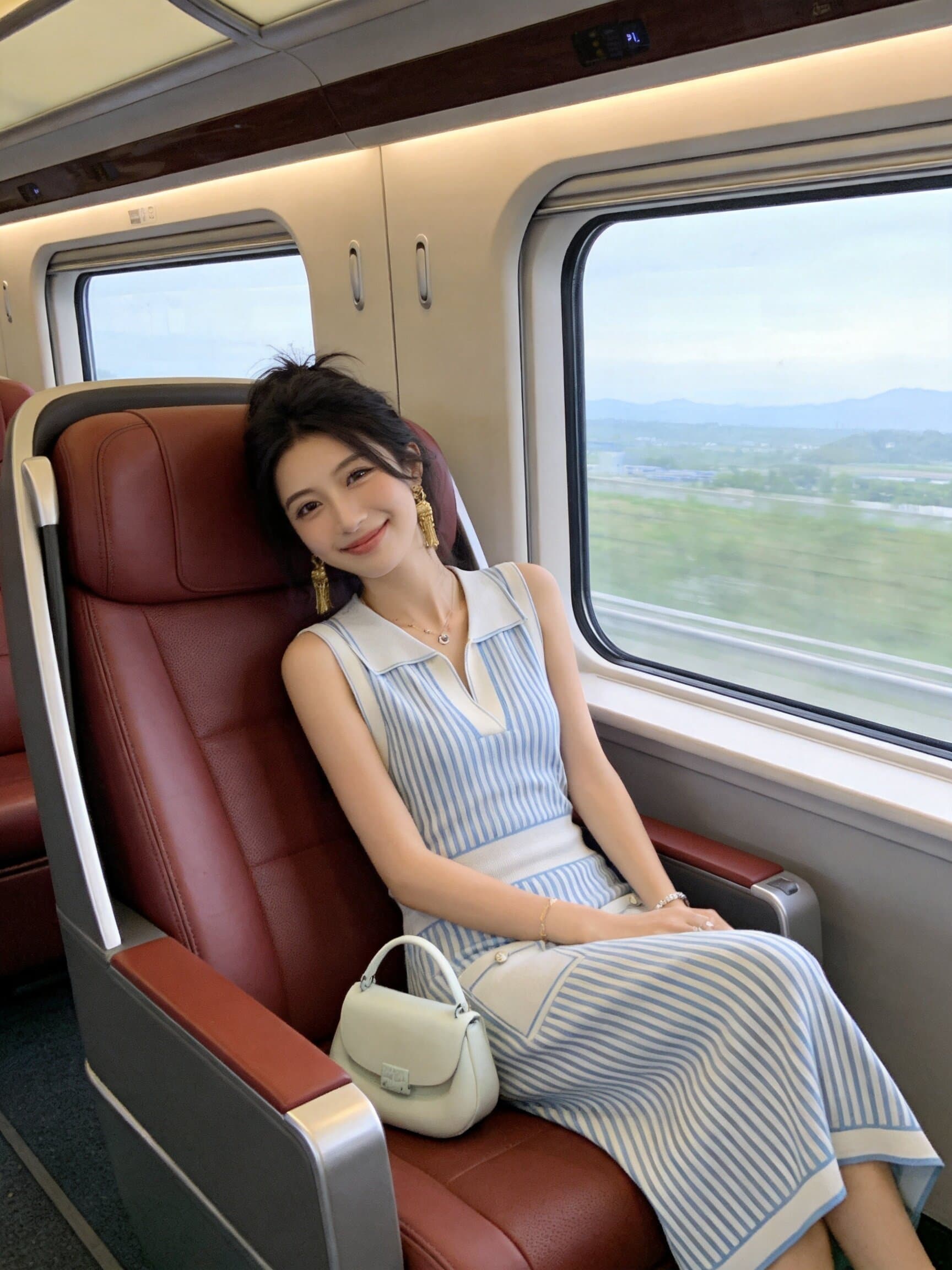 한국 학원 작은 샤넬 스타일 블루 화이트 스트라이프 민소매 POLO 칼라 얼음 실크 드레스 숙녀 부드러운 조끼 롱 스커트 여름 이미지 4