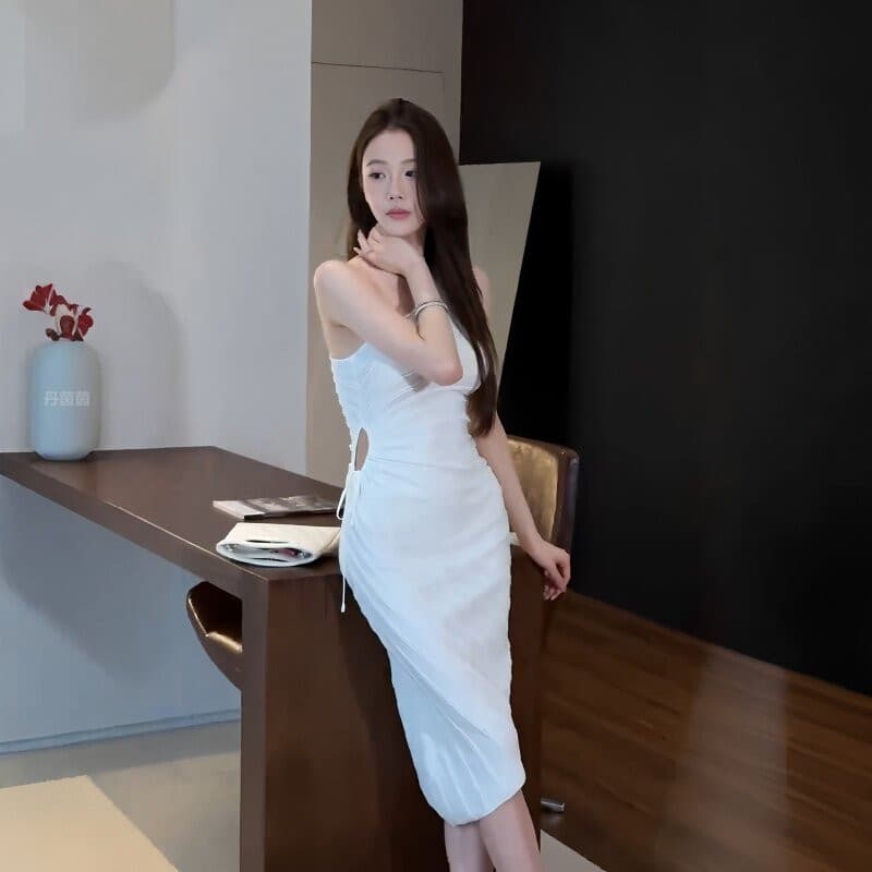 한국 품격 순수한 욕망 바람 섹시함 비스듬한 어깨 얼음 실크 드레스 디자인 센스 작은 대중 허리 수축 슬림해 보이는 ol 타이트 스커트 롱 스커트 이미지 4