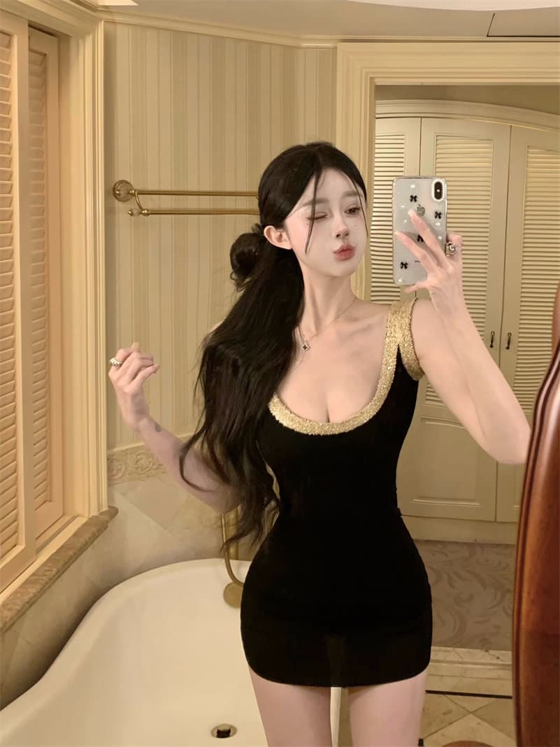 한국 품격 명문 여성 홍콩 스타일 u 칼라 슬립 얼음 실크 드레스 작은 키 심장 기계 나이트 클럽 핫걸 바람 조끼 스커트 상세 이미지 2